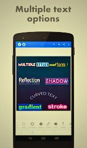 PixelLab mod apk screenshot showcasing various stylish text effects like reflection, shadow curved, text gradient, and stroke option.